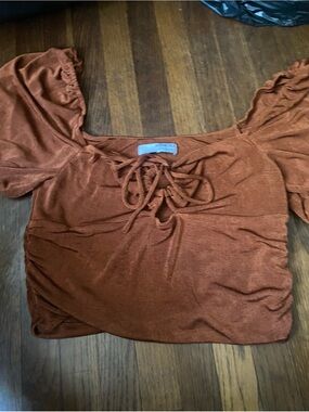 Sophie Rue Rust Brown Lace-Up Puff Sleeve Crop Top